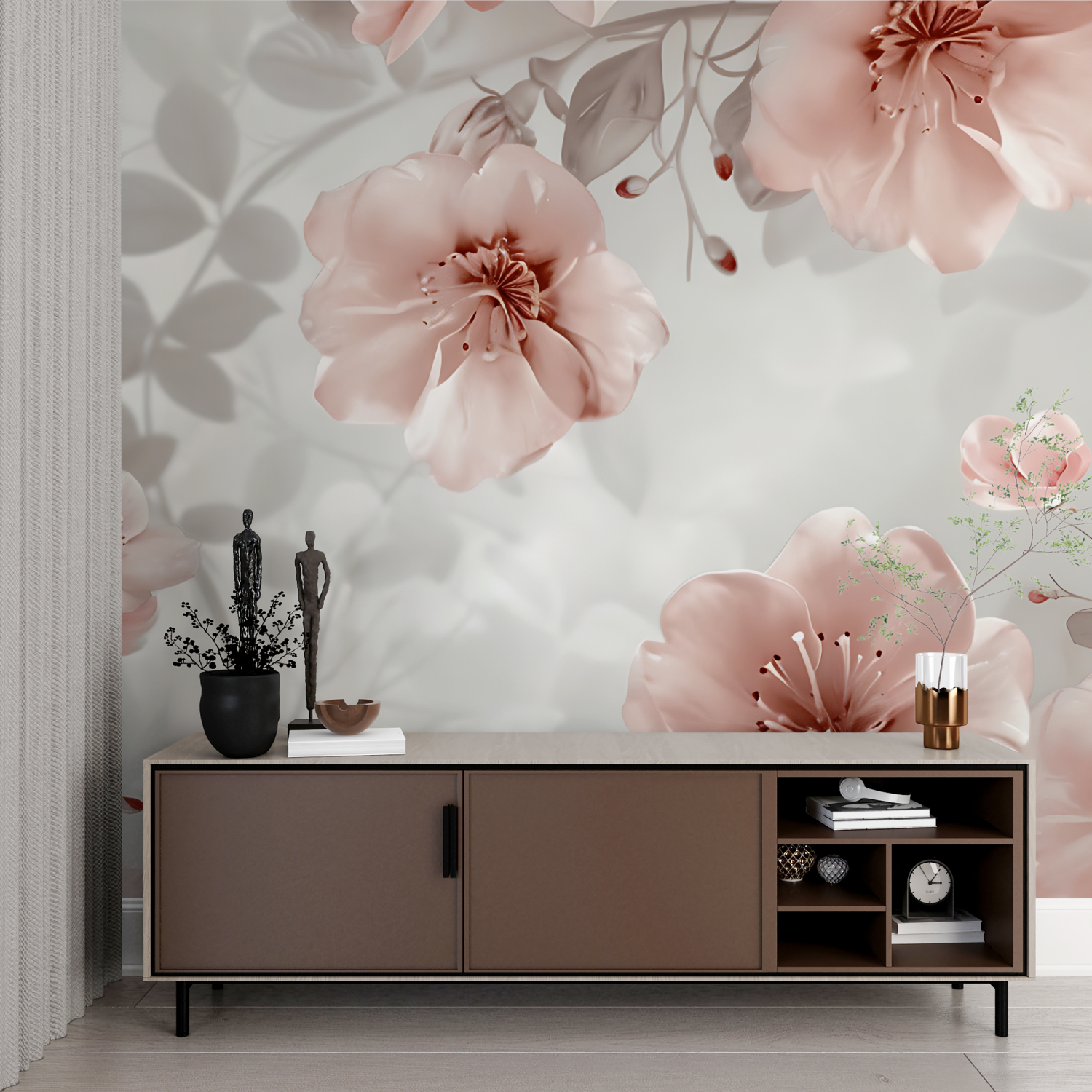Vintage Pink and Grey Floral Wallpaper