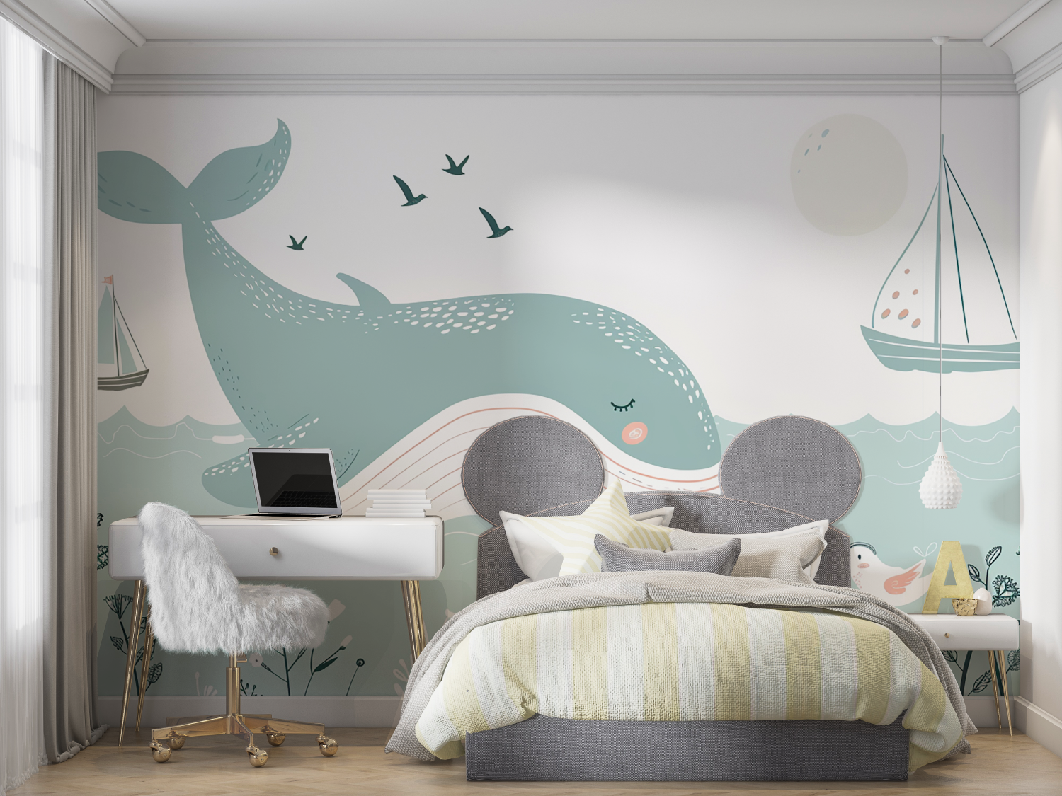 Children's Wallpaper - Dreamy Whale and Birds