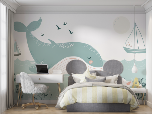 Kids' Wallpaper - Whale and Boat on the Ocean