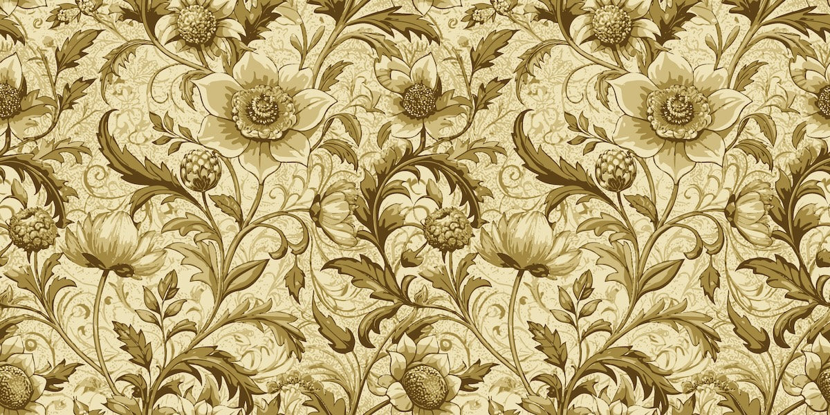 Papier peint rétro - damas floral vert olive et beige