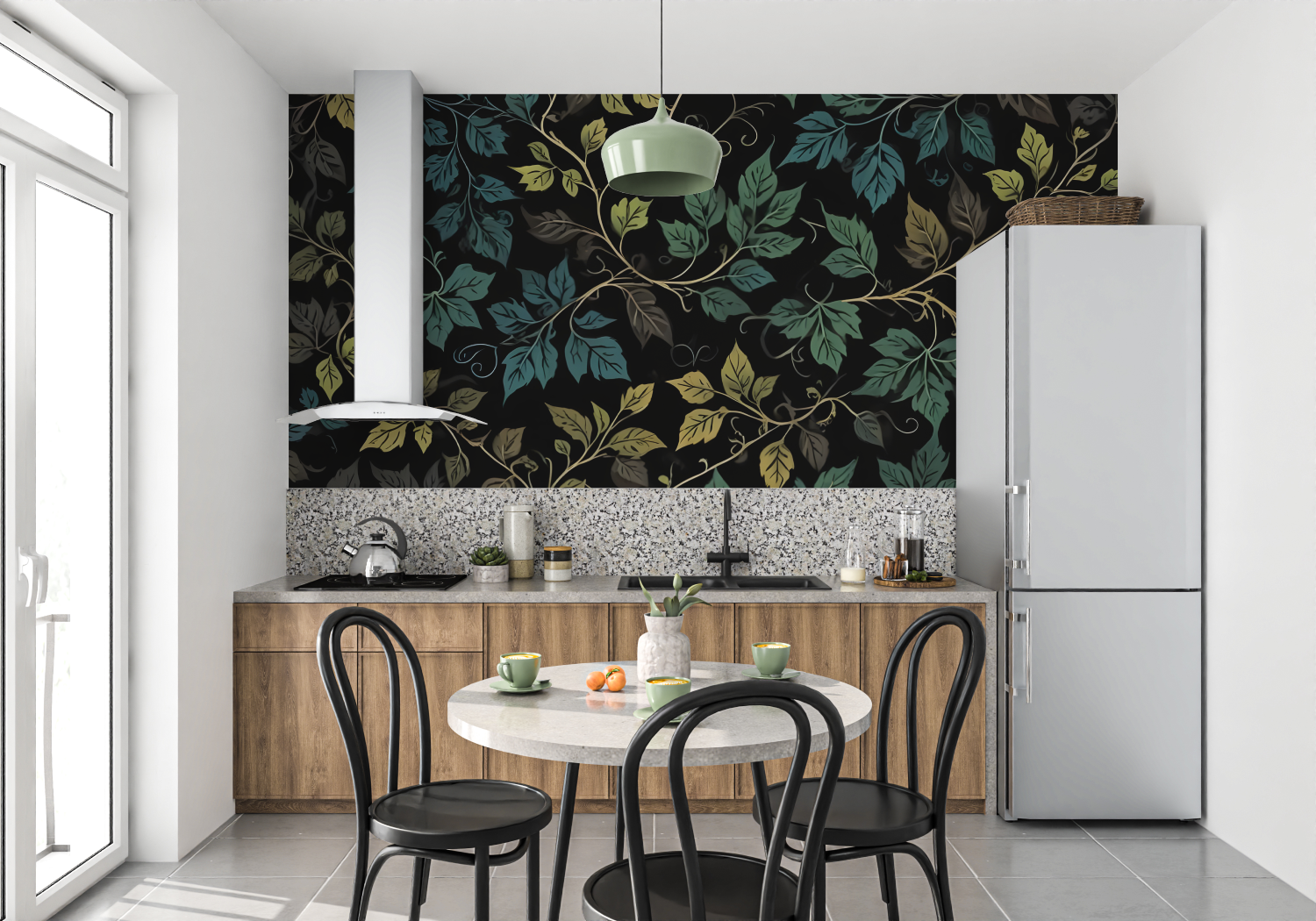 Papier Peint Floral - Feuillage de Nuit Vert et Noir