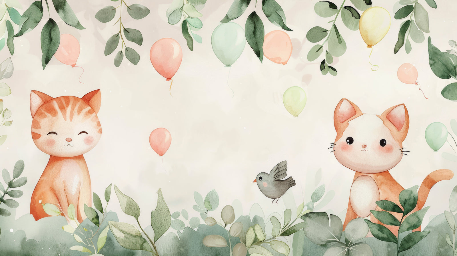 Children's Wallpaper – Curious Kittens and Pastel Balloons