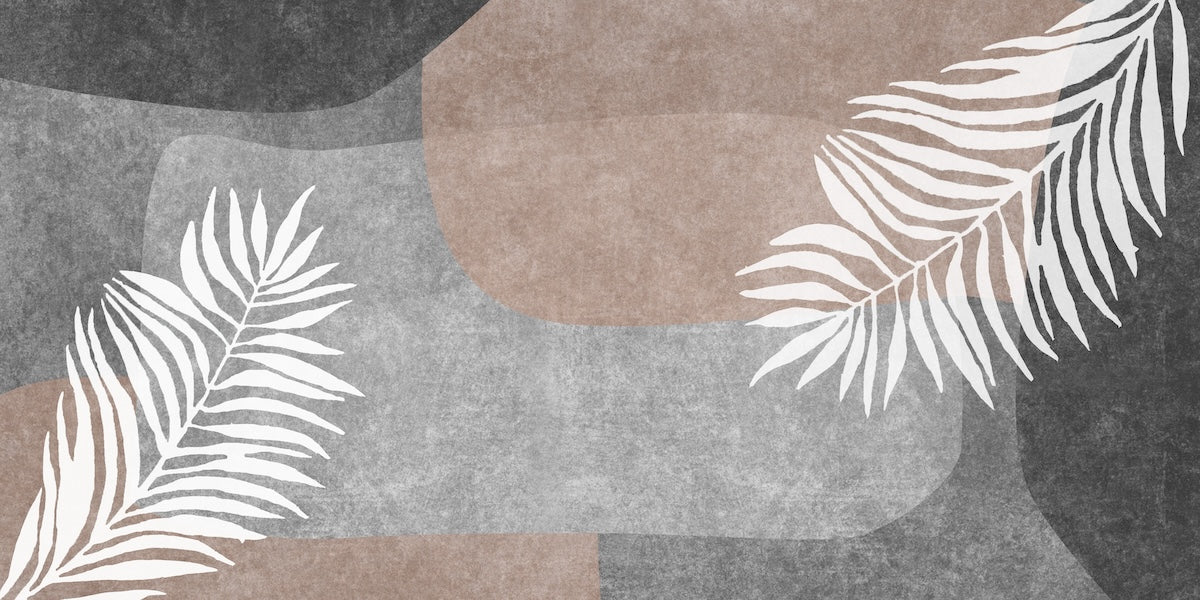Papier peint boho - feuilles blanches sur fond abstrait gris et marron