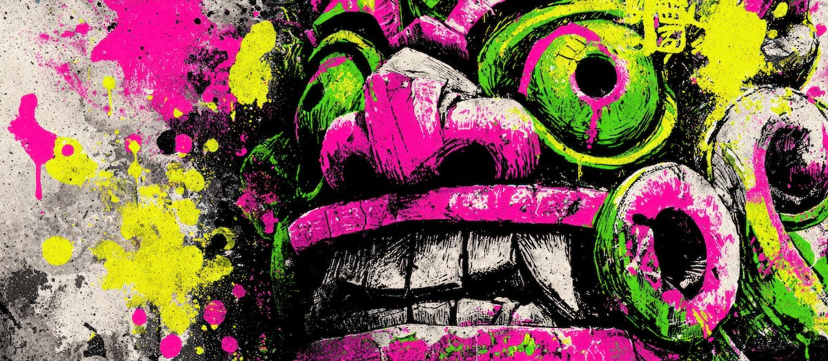 Papier peint graffiti - masque de monstre rose et vert fluo
