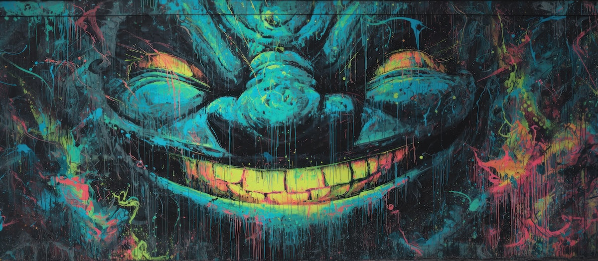 Papier peint graffiti - monstre souriant bleu et vert dans l'ombre