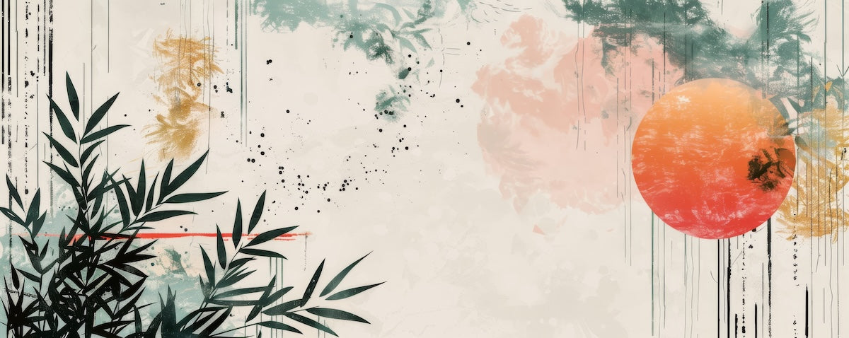 Papier peint nature - soleil rouge et bambous style estampe asiatique