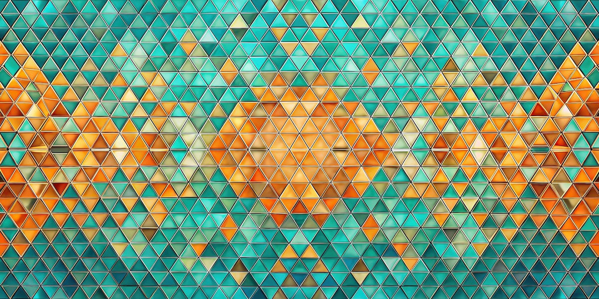 Papier peint géométrique - mosaïque de pyramides turquoise et orange