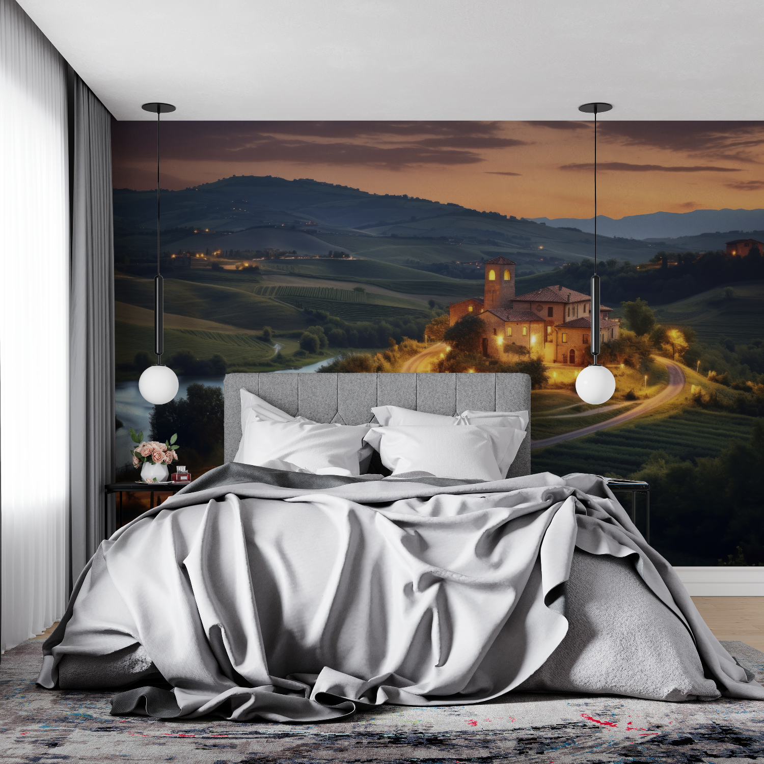 Papier Peint Paysage - Village Perché et Château au Soleil Couchant