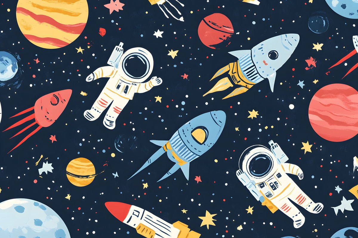 Papier Peint Enfant - Astronautes Et Fusée