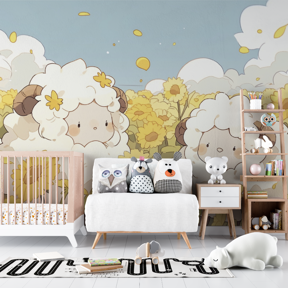 Children's Wallpaper – Cozy Sheep in a Sunflower Field