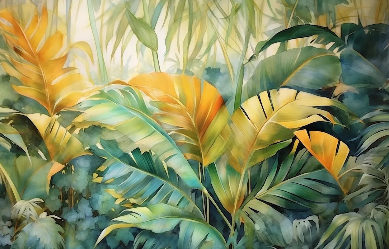 Papier Peint Tropical - Feuilles Dorées et Émeraude