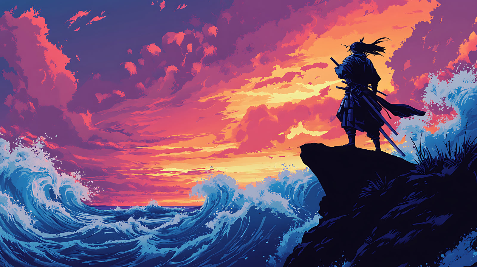 Panoramic wallpaper – Samurai and ocean at sunset