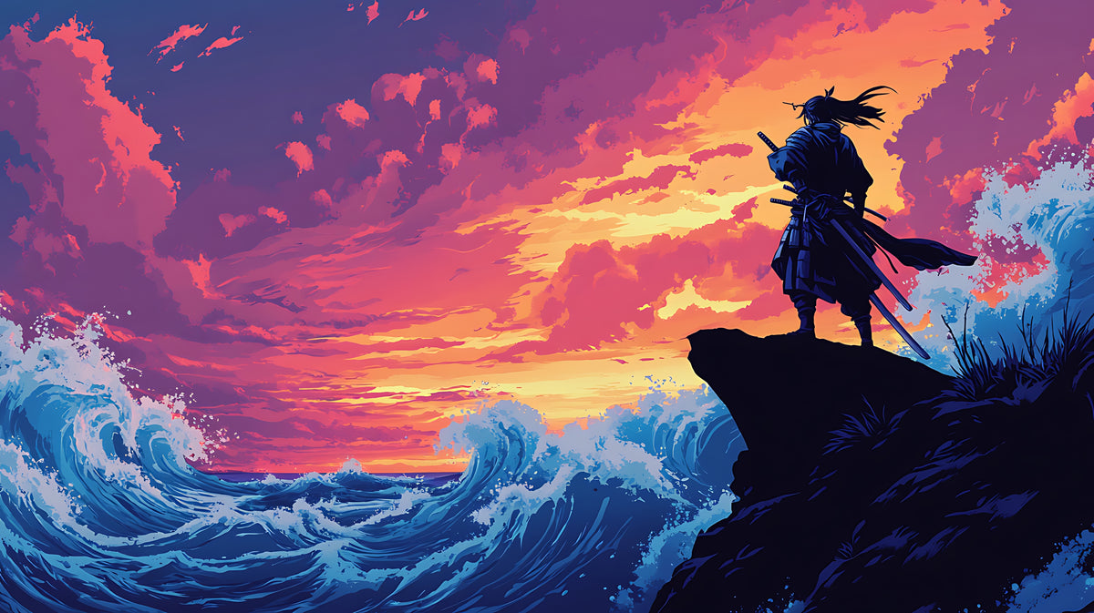 Papier peint panoramique - Samouraï et océan au coucher du soleil