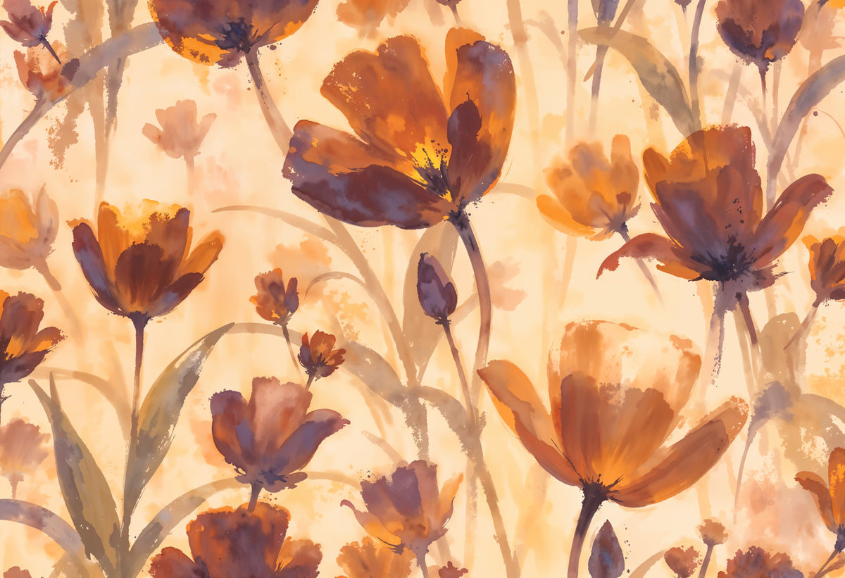 Papier peint aquarelle - Fleurs orange et violettes