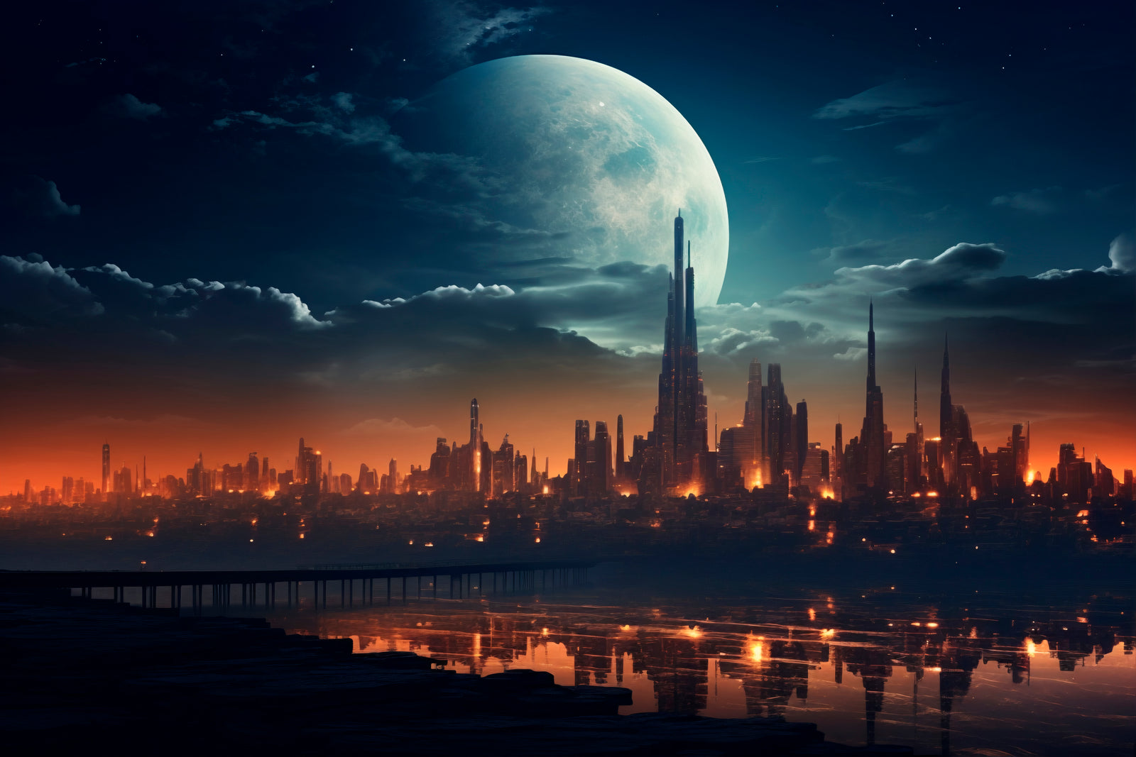 Landscape wallpaper – Futuristic city under the moon