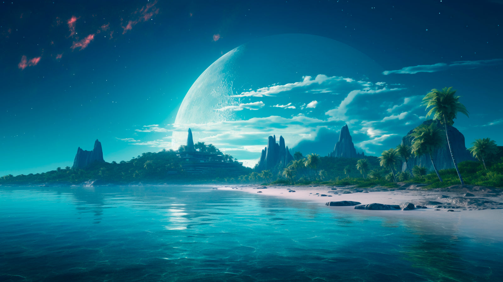 Papier Peint Futuriste - Plage Exoplanète & Lune Géante