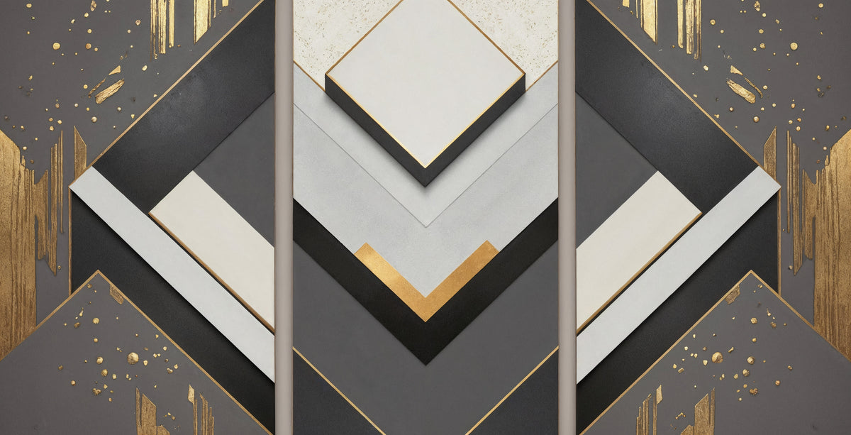 Papier peint géométrique - Formes noires, blanches et dorées