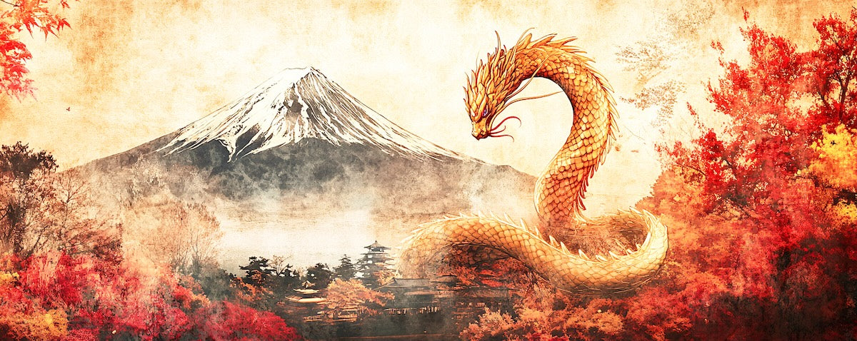 Papier peint animaux - dragon doré volant près du mont fuji