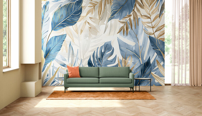 Papier Peint Design - Feuillage Tropical Gris Bleu Et Doré