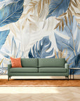 Papier Peint Design - Feuillage Tropical Gris Bleu Et Doré
