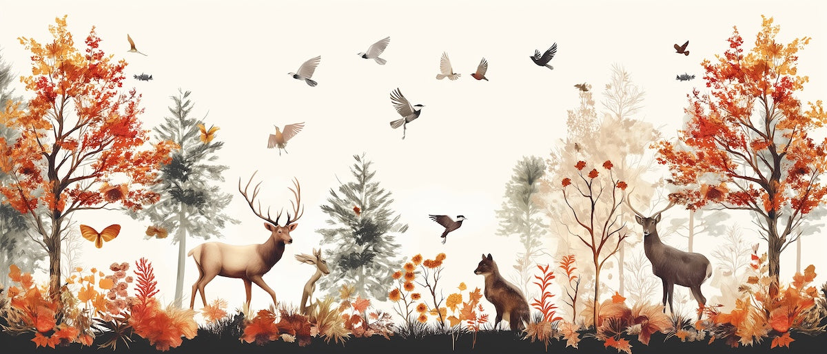 Papier peint nature - cerfs et animaux dans la forêt d'automne