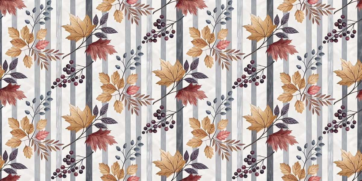 Papier peint nature - rayures verticales et feuilles d'automne