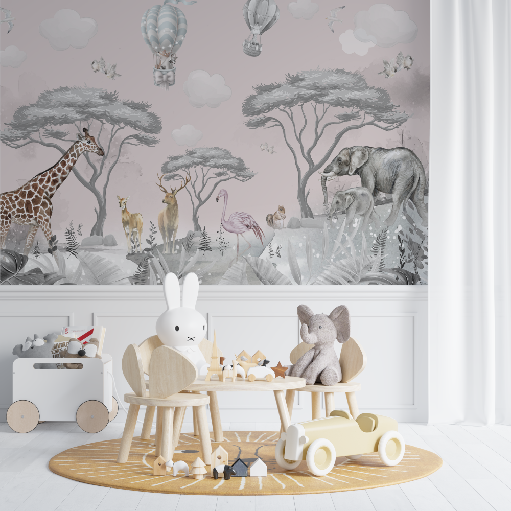 Children's Wallpaper - Pastel Safari and Hot Air Balloons
