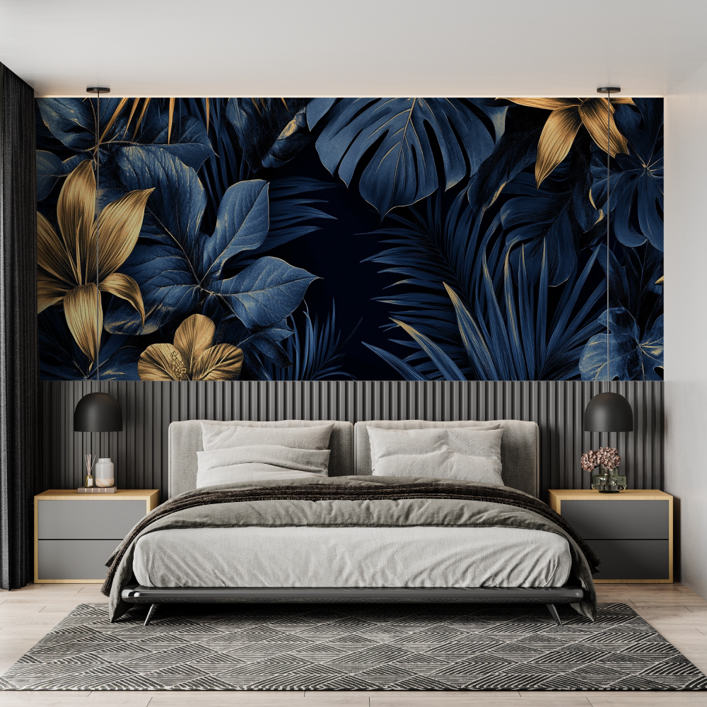 Papier Peint Tropical - Fleurs de Lys Or sur Fond Bleu Nuit