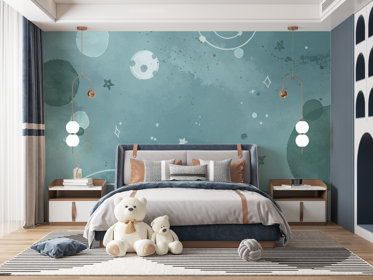 Kinder-Tapete - Intergalaktischer Raum und blaue Planeten