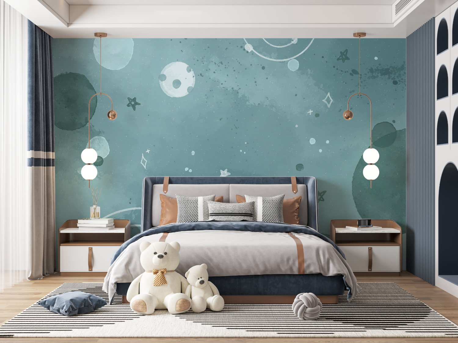 Papier Peint Enfant - Espace Intergalactique et Planètes Bleues