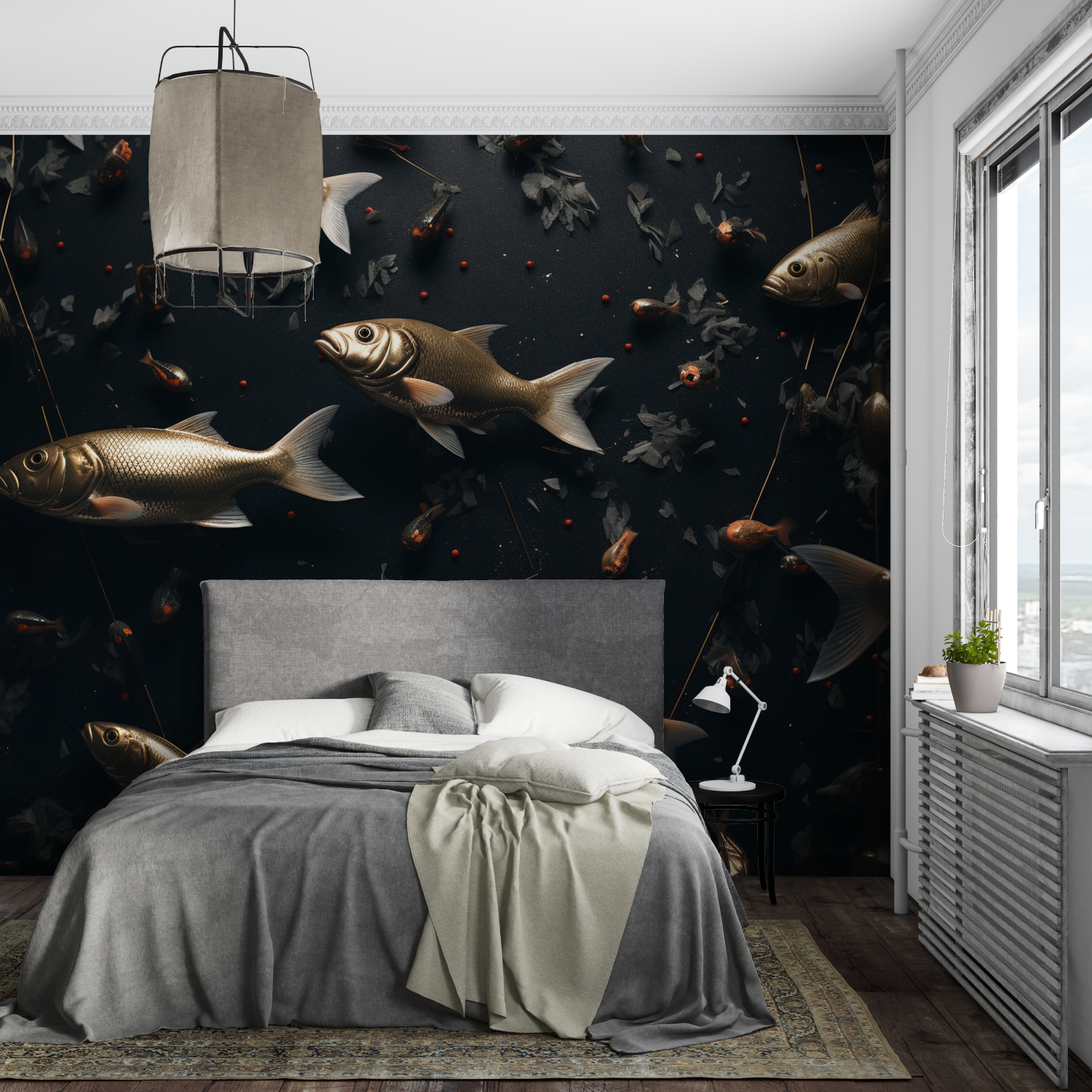 Papier Peint Animaux - Banc de Poissons sur Fond Noir