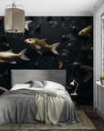 Papier Peint Animaux - Banc de Poissons sur Fond Noir