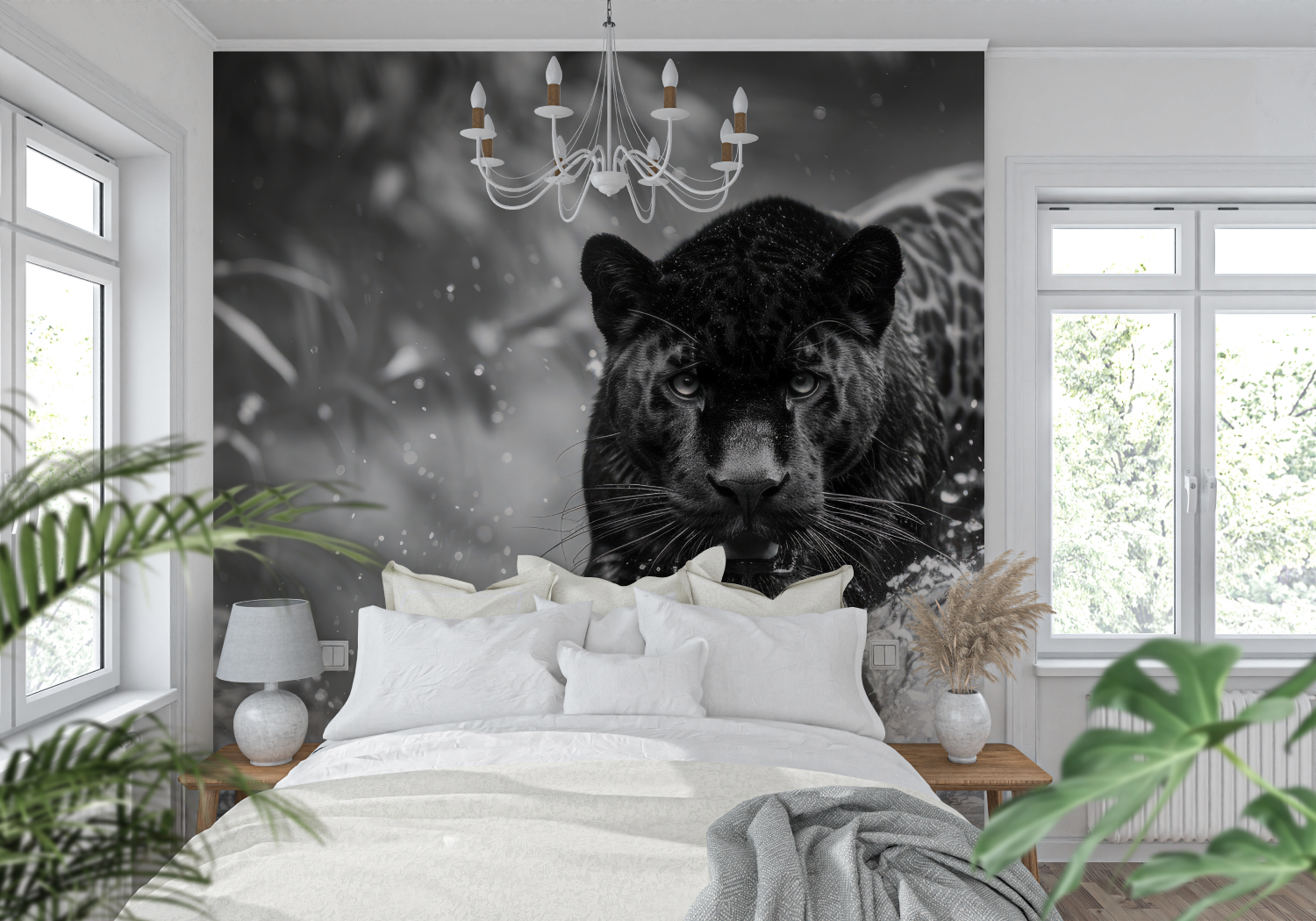 Papier Peint Animaux - Panthère Noire dans l'Eau Noir et Blanc