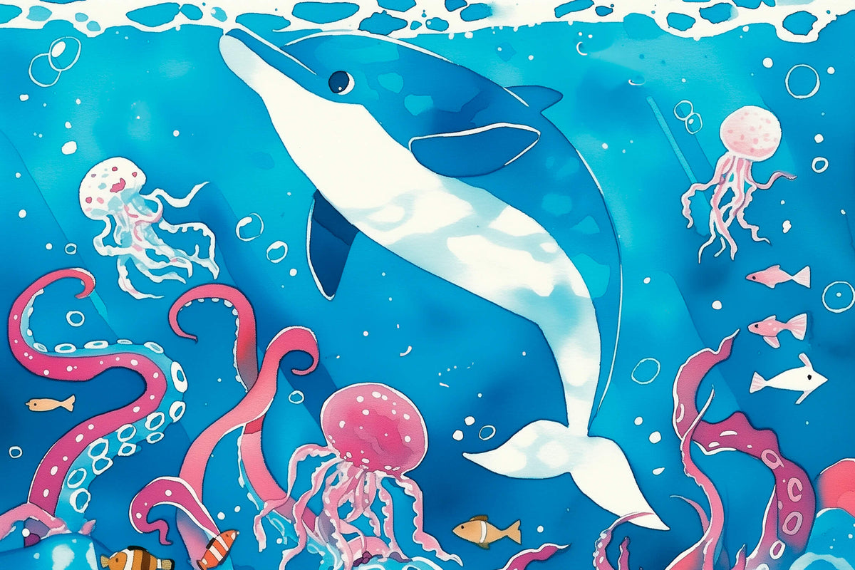 Carta da parati con animali - Delfino e meduse sott'acqua