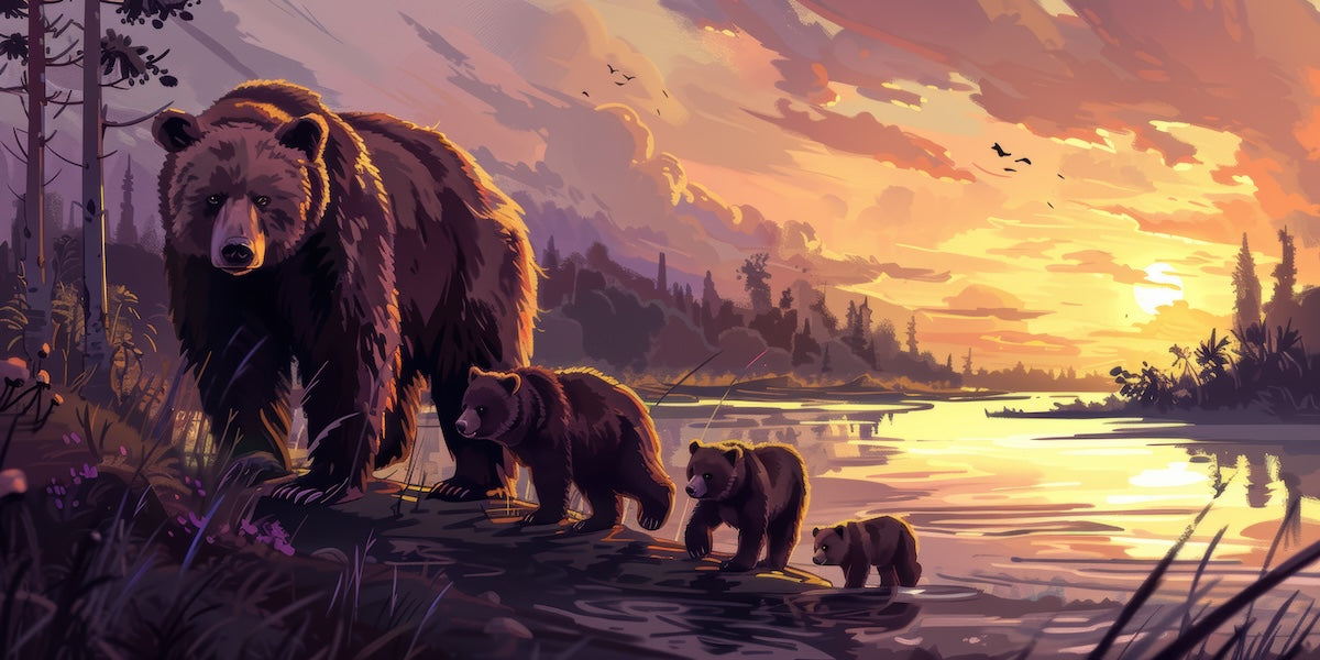 Papier peint animaux - famille d'ours au coucher du soleil