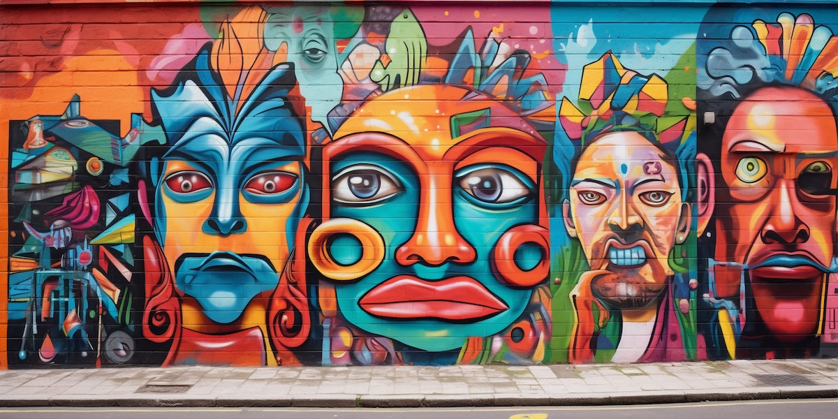 Papier peint graffiti - masques et visages ethniques colorés