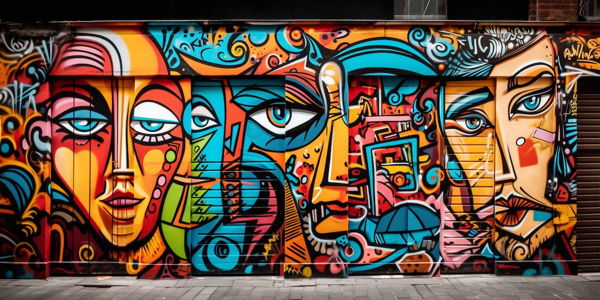 Papier peint graffiti - portraits cubistes multicolores imbriqués
