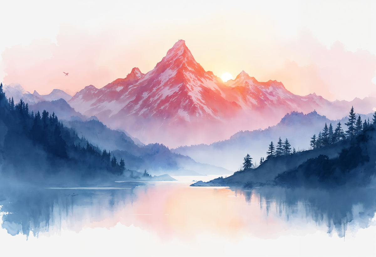 Aquarell-Tapete - Rosa und blaue Berge im Nebel