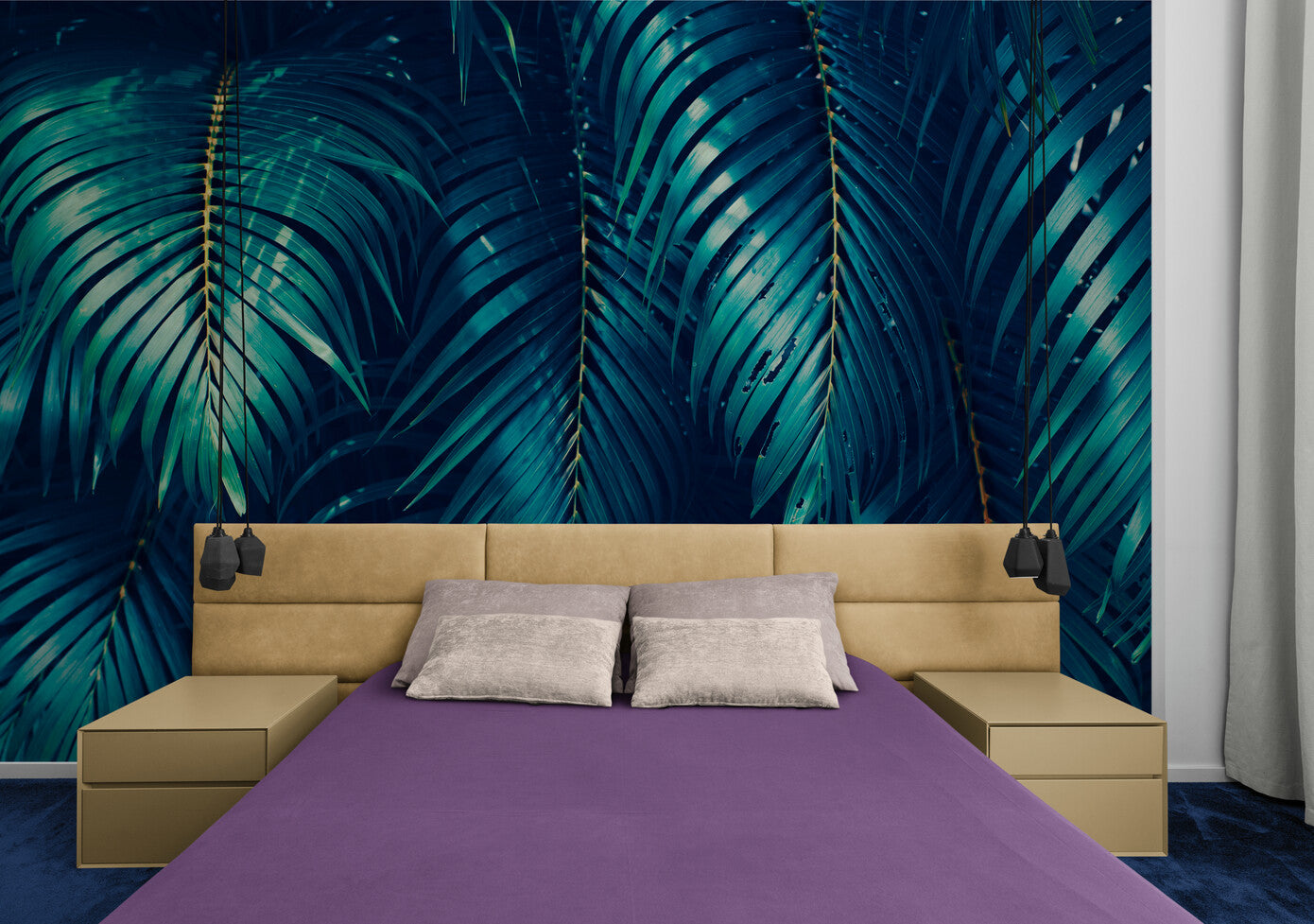 Papier Peint Feuillage - Frondaisons Tropicales Bleu Nuit