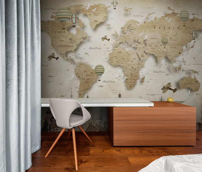 Papier Peint Enfant - Carte Du Monde Et Monuments