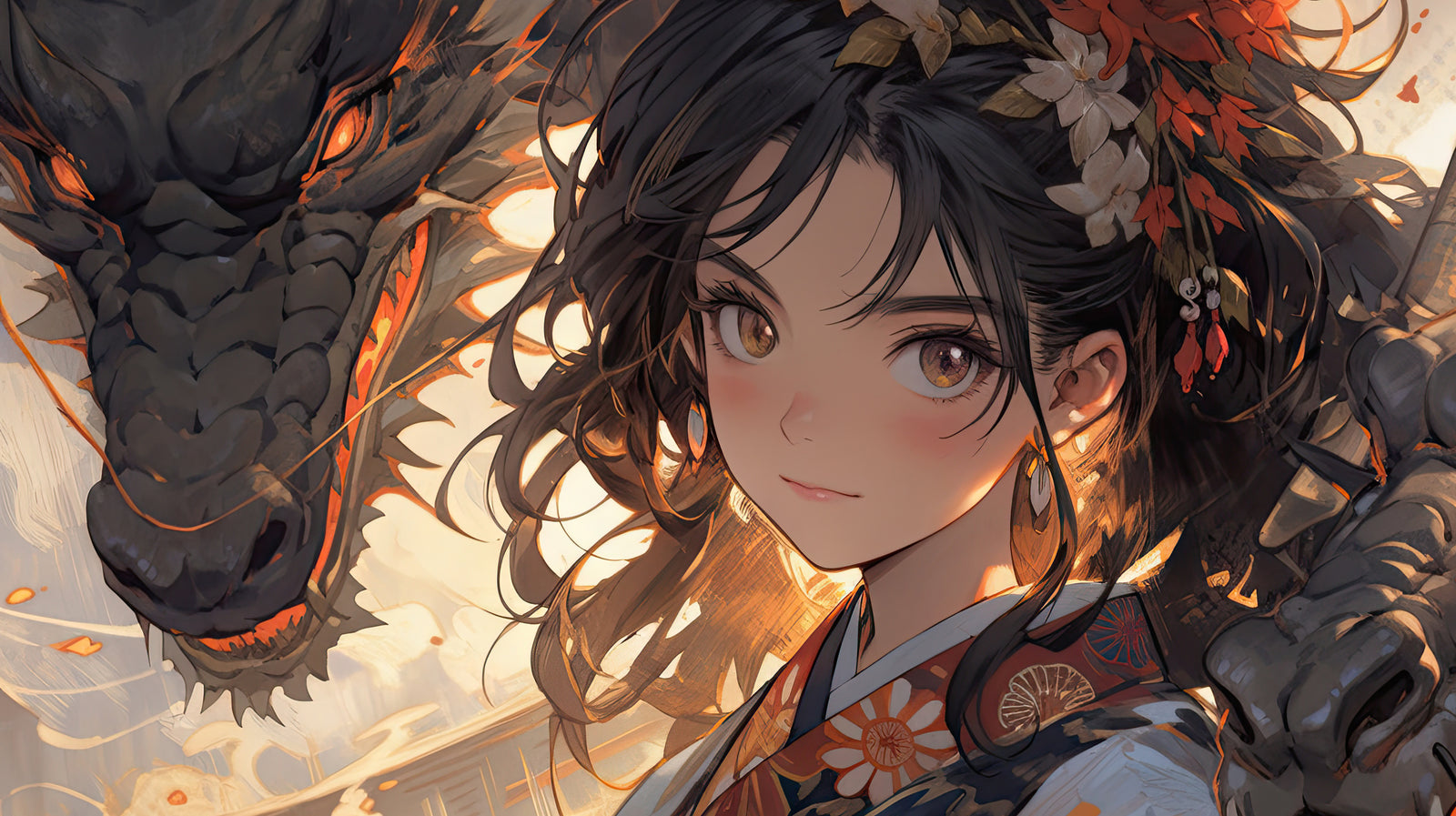 Papier Peint Japonais - Gardienne du Dragon de Feu