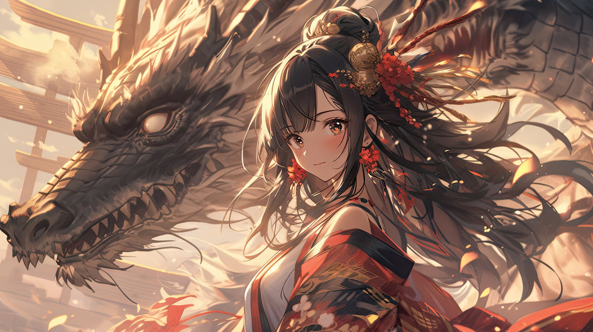 Manga-Tapete - junge Frau und Drache
