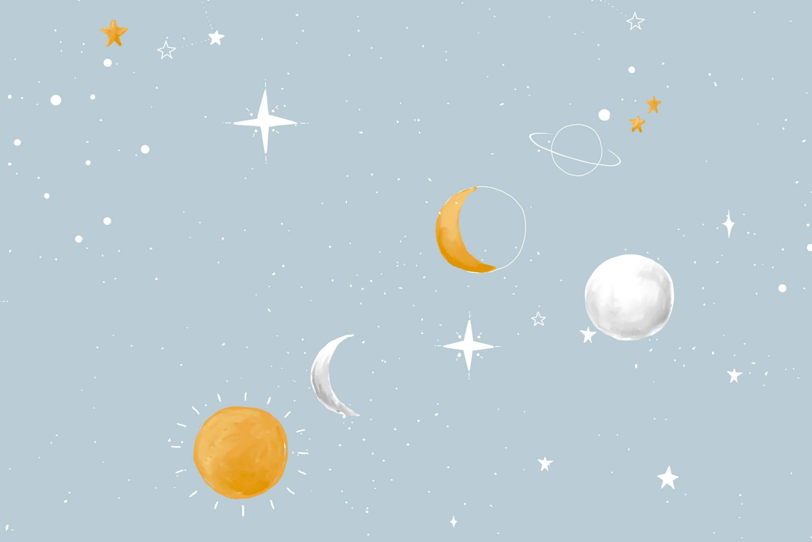 Papier Peint Enfant - Ciel Étoilé, Lune et Nuages Bleus