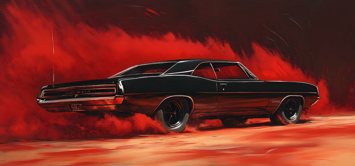 Papier peint voitures - coupé sport noir sur fond rouge abstrait