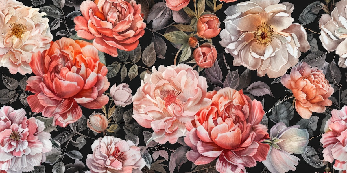 Papier peint fleuri - pivoines saumon baroques