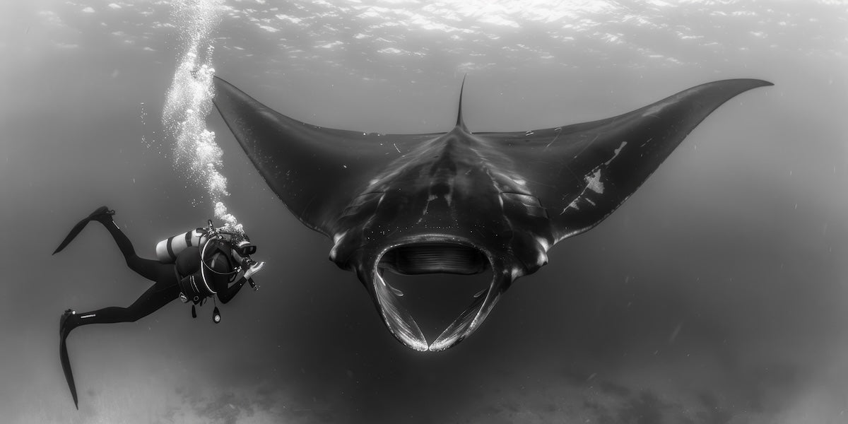 Papier peint animaux - plongeur face à une raie manta en noir et blanc