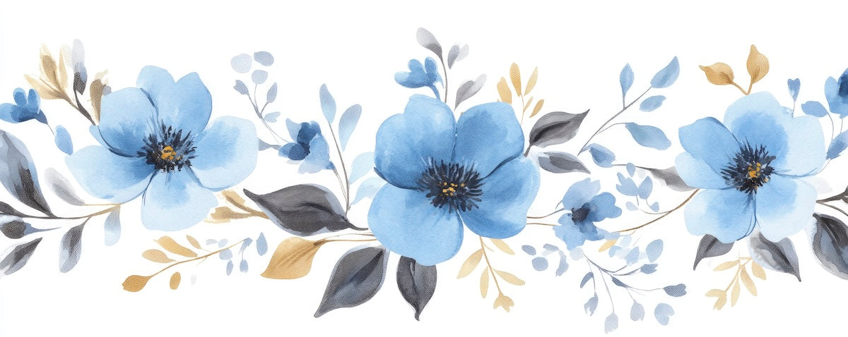 Papier peint fleuri - frise aquarelle bleue
