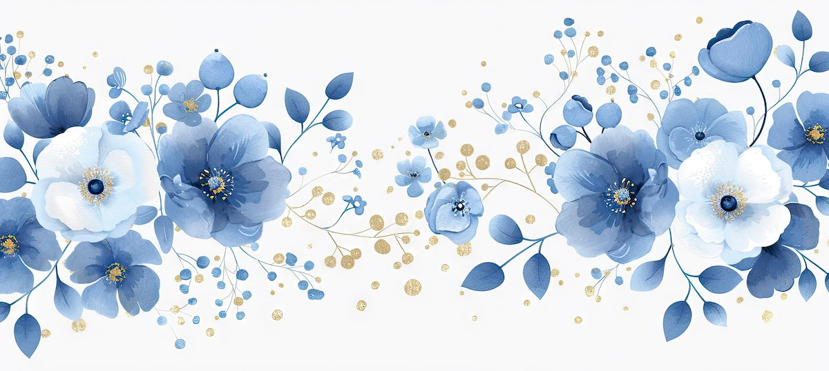 Papier peint fleuri - fleurs bleues dorées