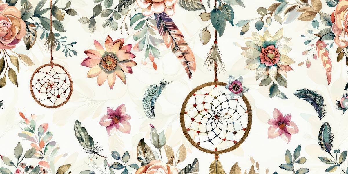 Papier peint boho - guirlandes d'attrapes-rêves et fleurs colorées