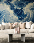 Papier Peint Japonais - Vagues Bleues Dynamiques